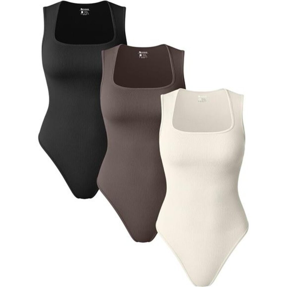 Women 3 Piece Bodysuits Sleeveless Square Stretch Basic Tank Tops Bodysuits